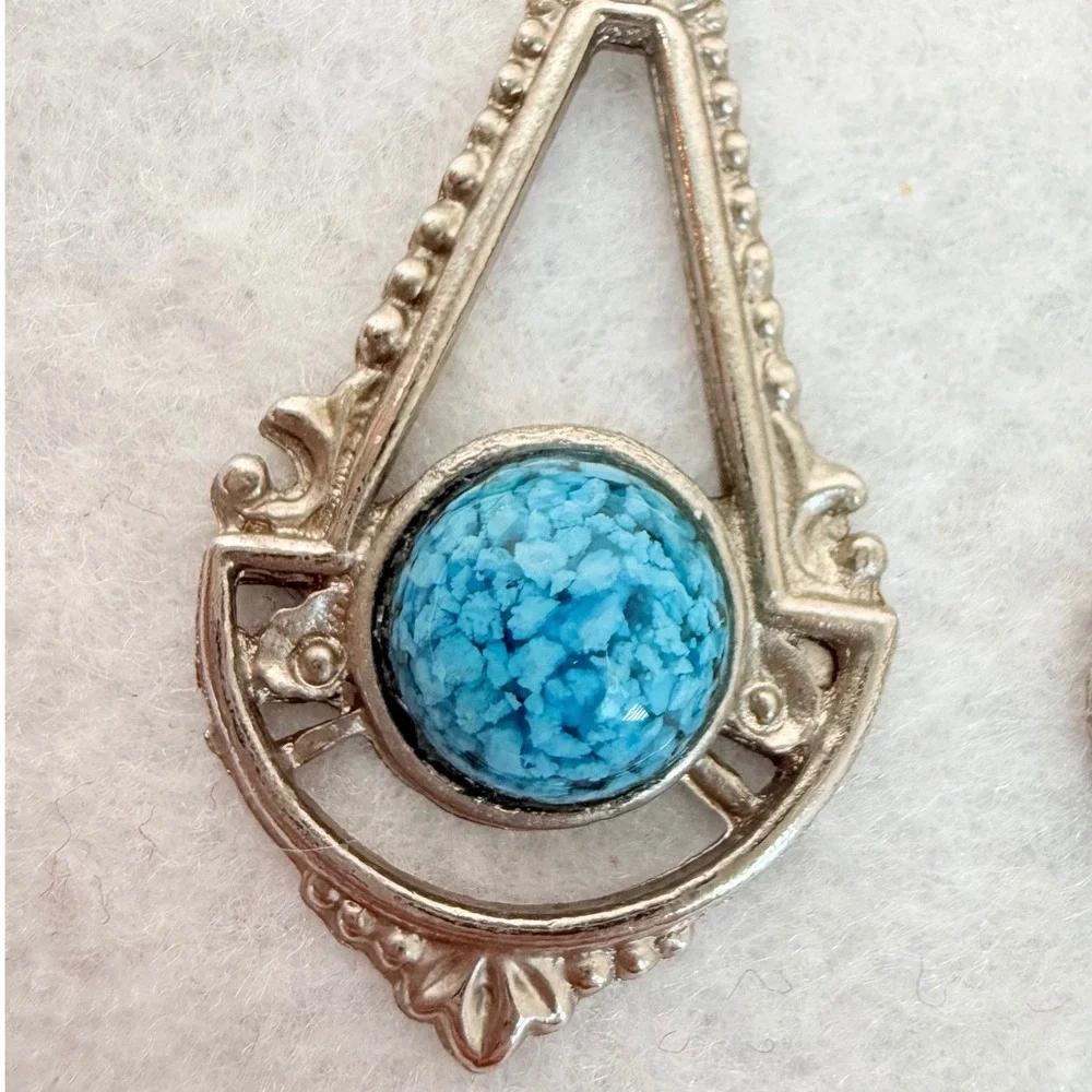 VTG‎ Silver Tone Faux Turquoise Dangle Earrings Southwest Art Deco Boho